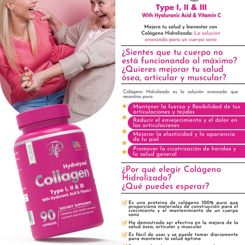 Colágeno Hidrolizado | Tipo I, II y III – 90 cápsulas