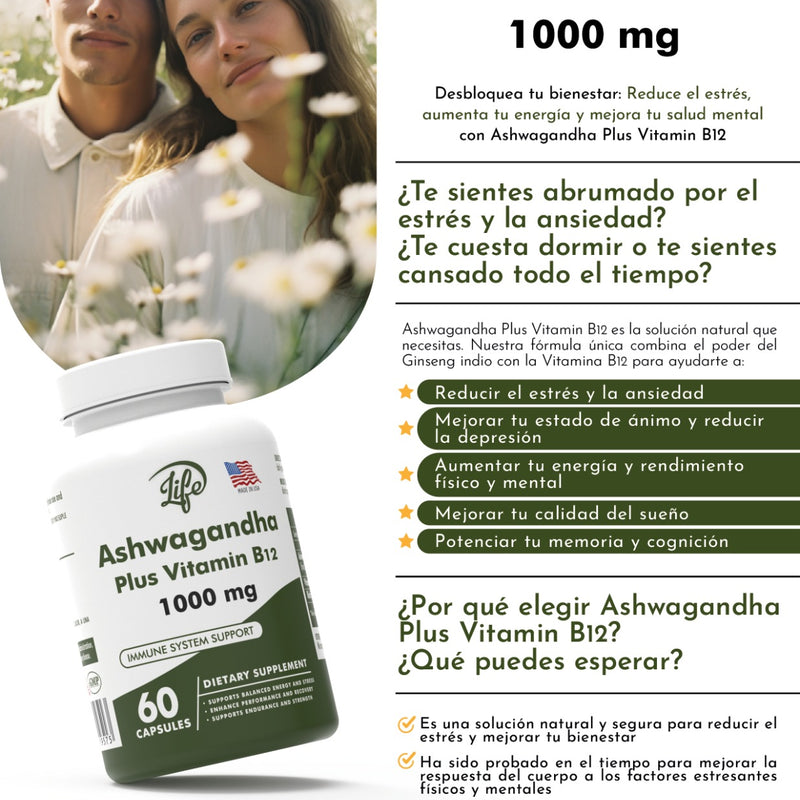 Ashwagandha + Vitamina B12 | 1000 mg – 90 cápsulas